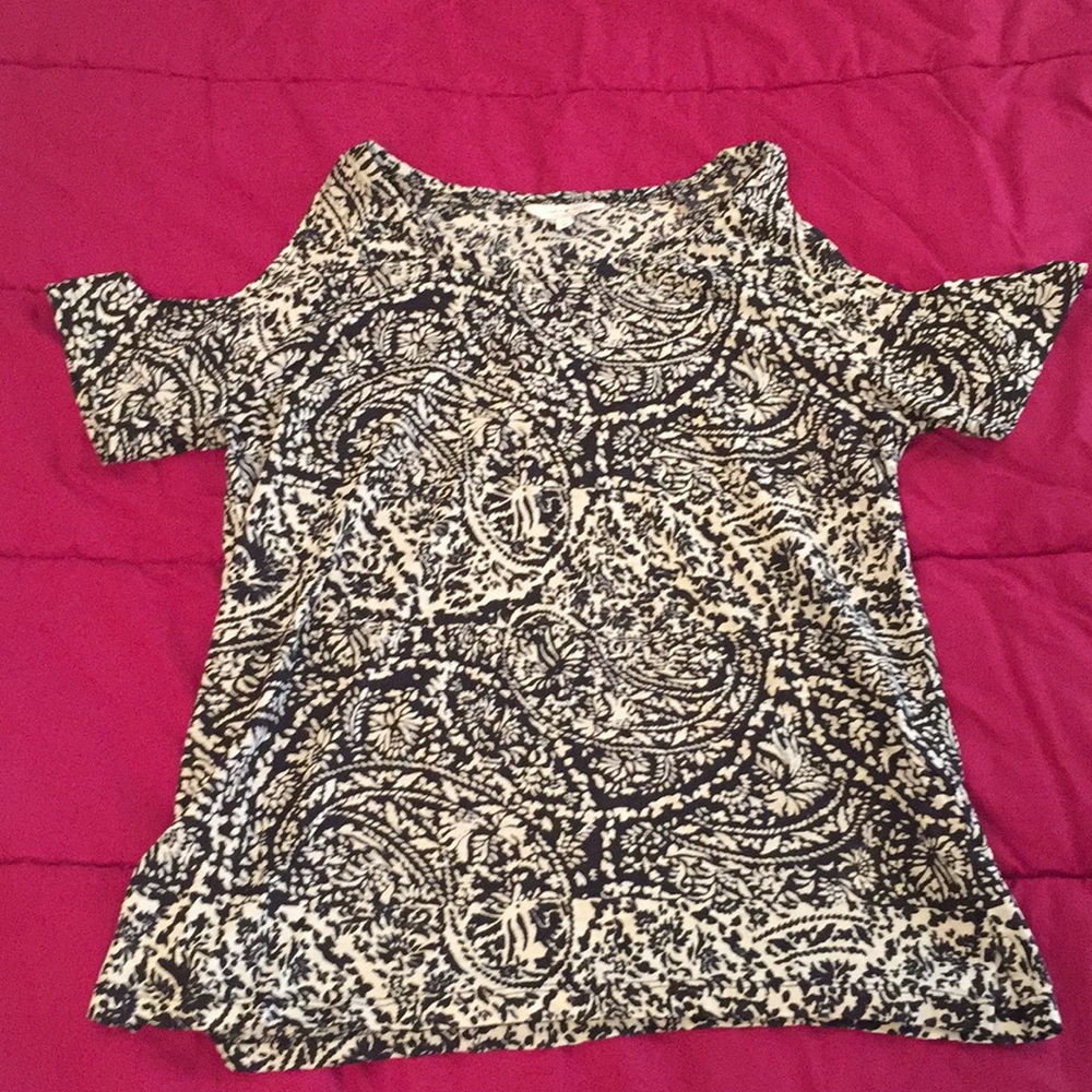 Lucky brand cold shoulder top, black / cream print